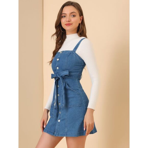 Women's Classic Adjustable Strap A-Line Overall Denim Dress Blue - Picture 4 of 6